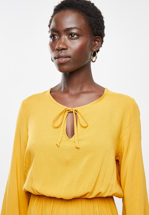 edit - Long sleeve neck tie peasant swing dress - yellow