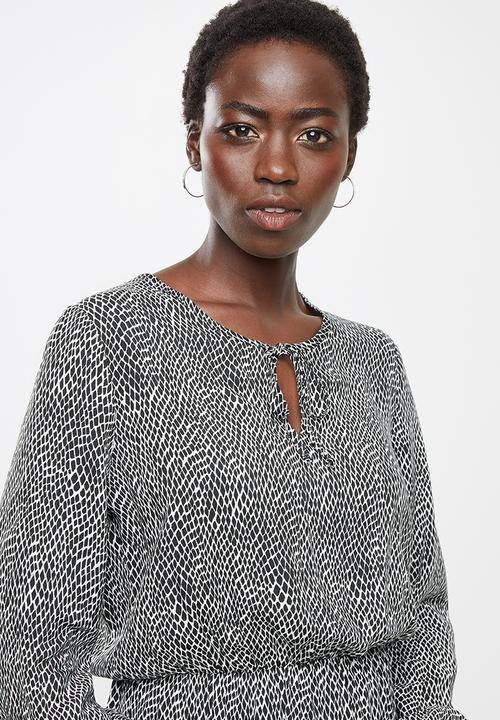 edit - Long sleeve neck tie peasant swing dress - black & white 