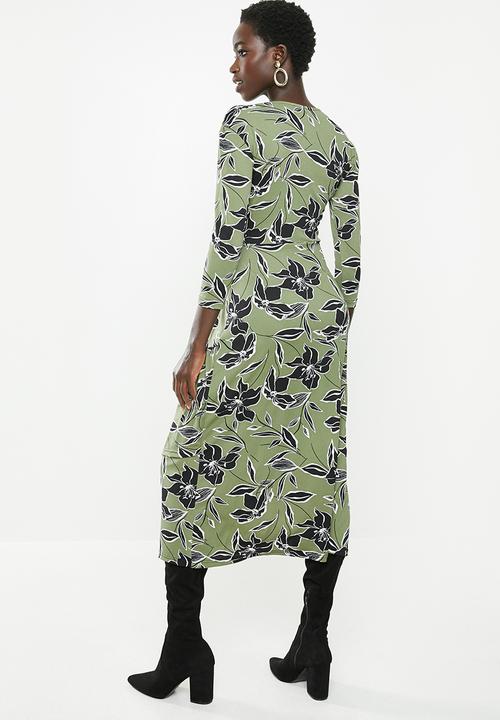 edit - Mock wrap tiered midi dress - multi 