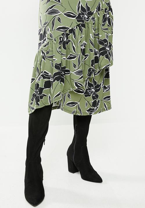 edit - Mock wrap tiered midi dress - multi 