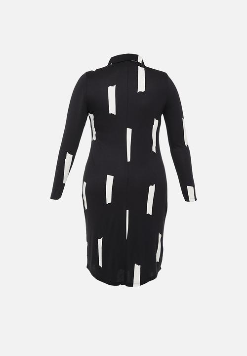 Vero Moda - Plus kiki long sleeve below knee dress - black & cream 