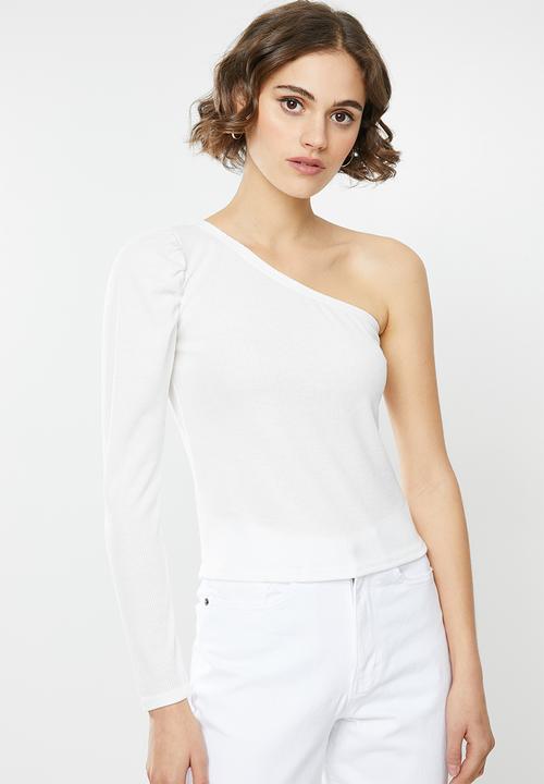 Missguided - Recycled rib puff sleeve one shoulder top - white
