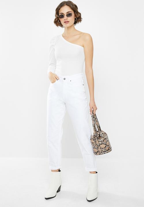 Missguided - Recycled rib puff sleeve one shoulder top - white