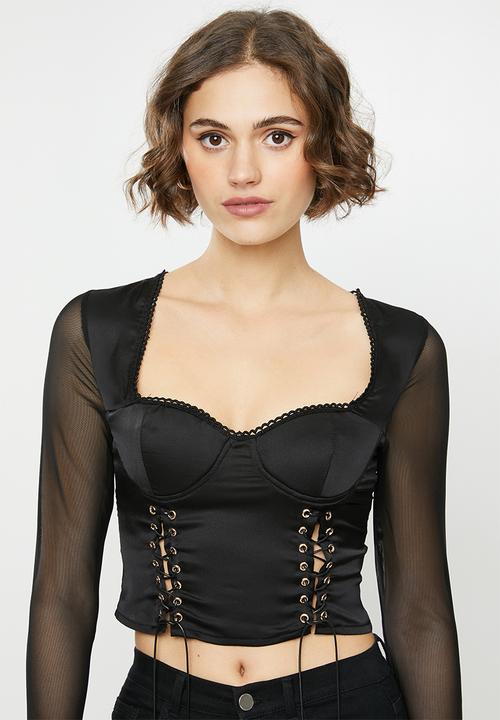 Missguided - Lace up long sleeve corset style top - black