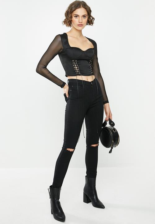 Missguided - Lace up long sleeve corset style top - black