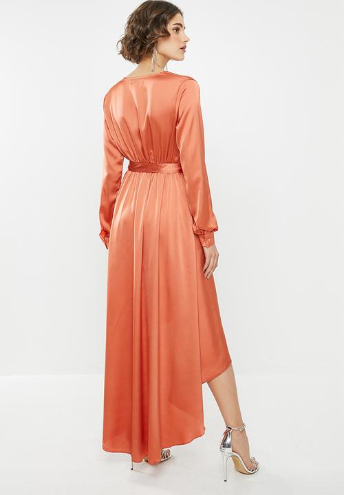 Missguided - High low wrap midi dress long sleeve - rust