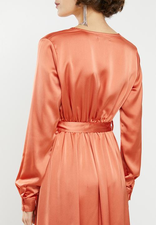 Missguided - High low wrap midi dress long sleeve - rust