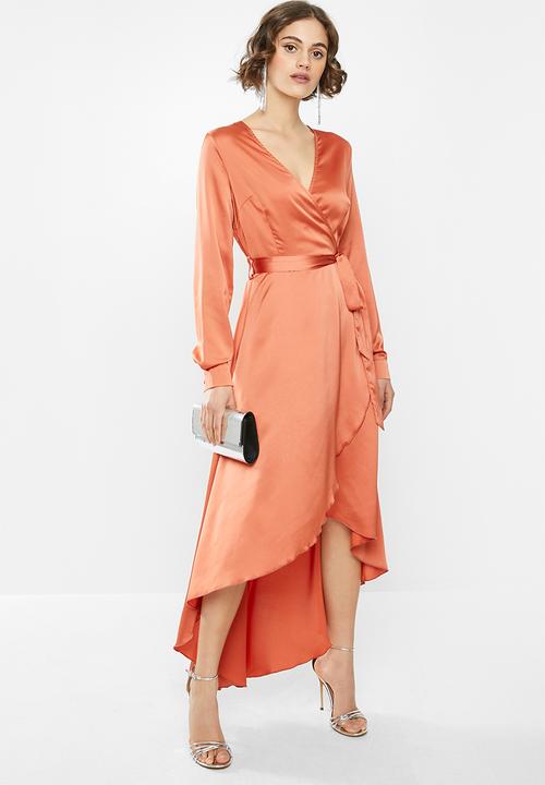 Missguided - High low wrap midi dress long sleeve - rust