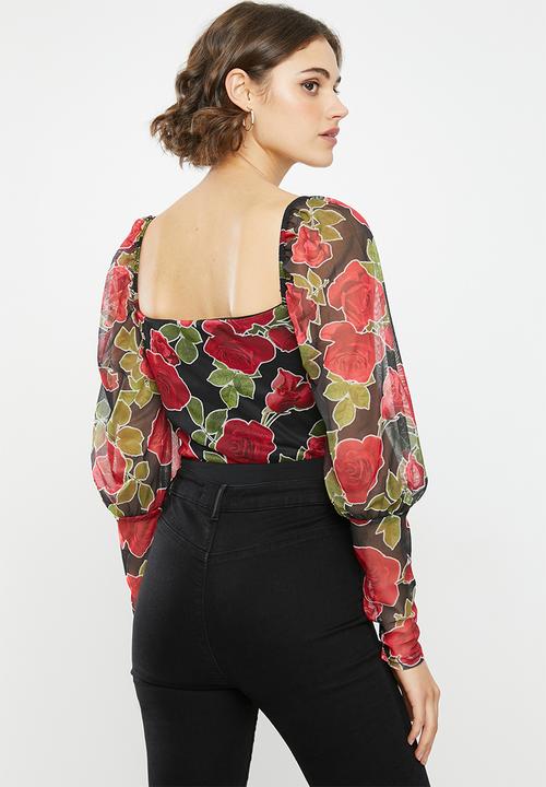 Missguided - Rose detail tie front milkmaid bodysuit - black & red