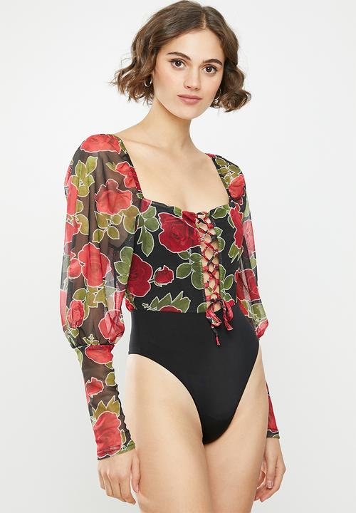 Missguided - Rose detail tie front milkmaid bodysuit - black & red