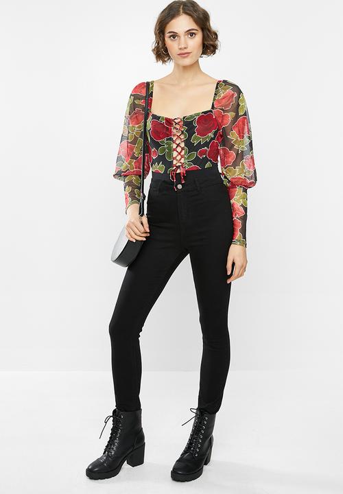 Missguided - Rose detail tie front milkmaid bodysuit - black & red