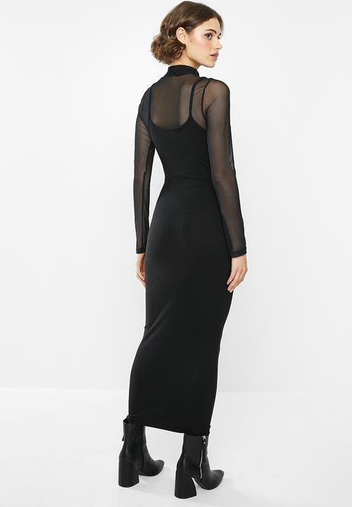 Missguided - Ribbed strappy midi dress - black