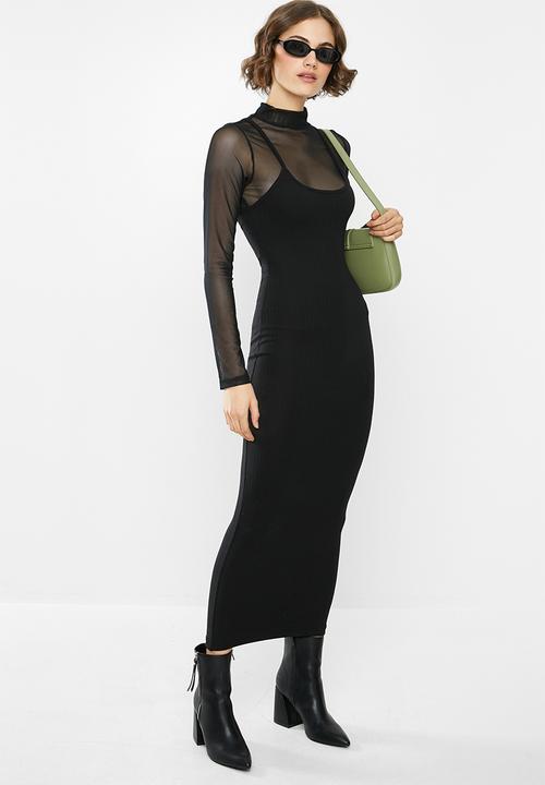 Missguided - Ribbed strappy midi dress - black