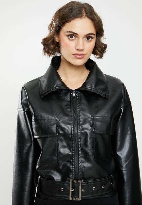 Missguided - Belted pu bomber jacket - black