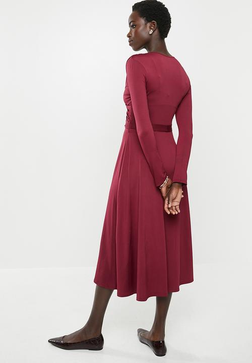 edit - Long sleeve bon bon wrap midi dress - burgundy