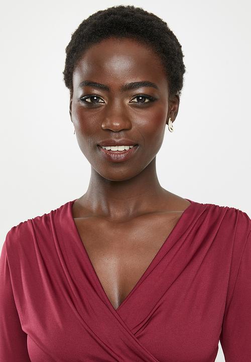 edit - Long sleeve bon bon wrap midi dress - burgundy