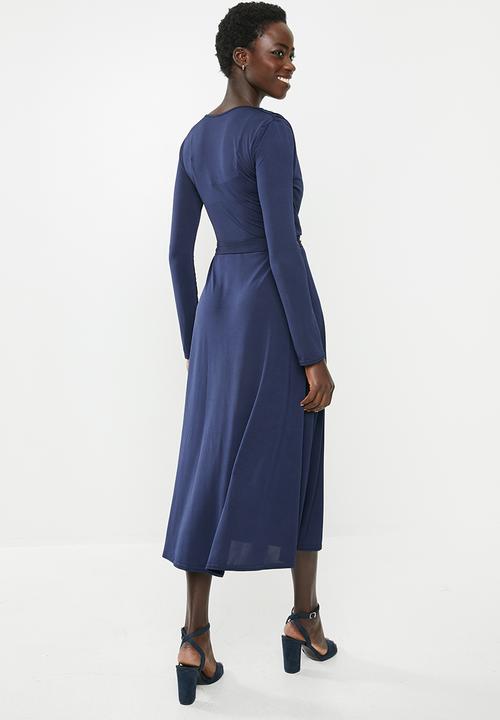 edit - Long sleeve bon bon wrap midi dress - navy