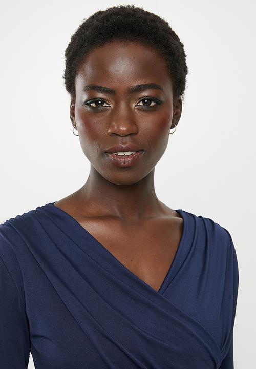 edit - Long sleeve bon bon wrap midi dress - navy
