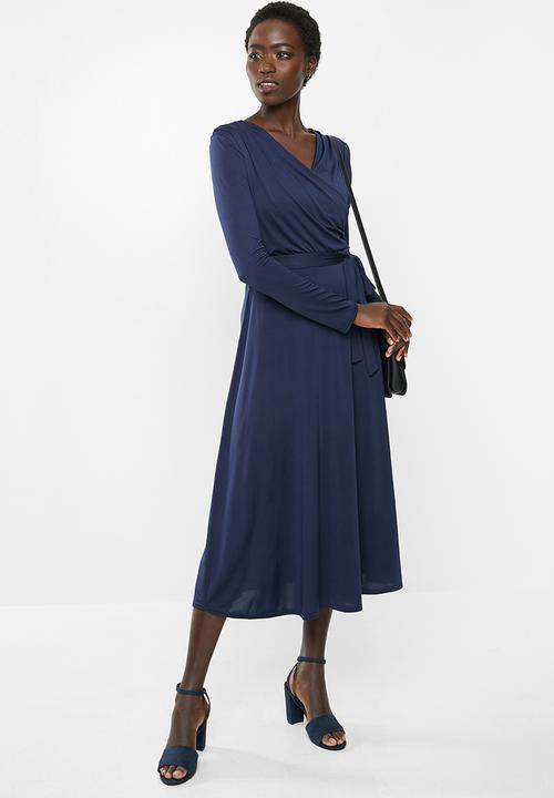 edit - Long sleeve bon bon wrap midi dress - navy