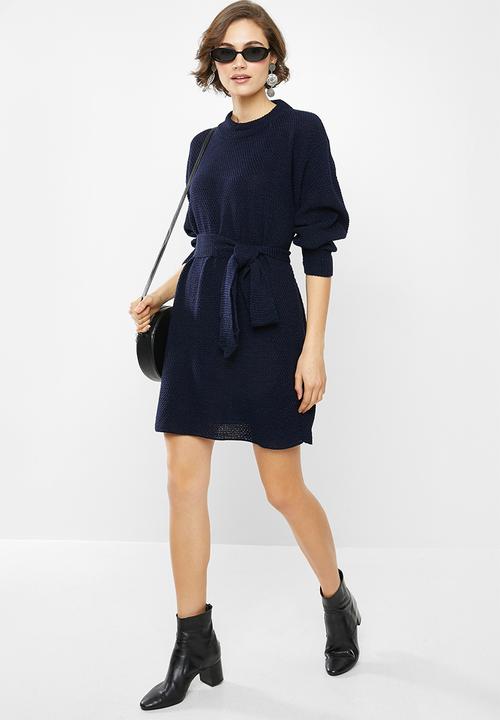 Glamorous - Knitted tie waist dress - navy