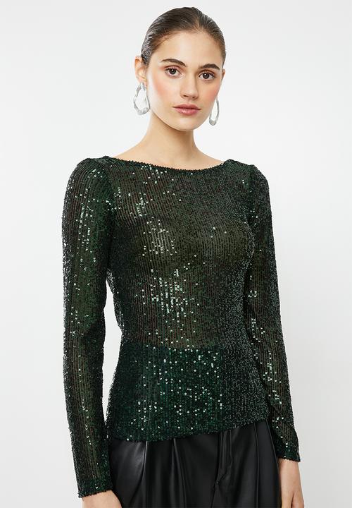VELVET - Sequin cowl top - green