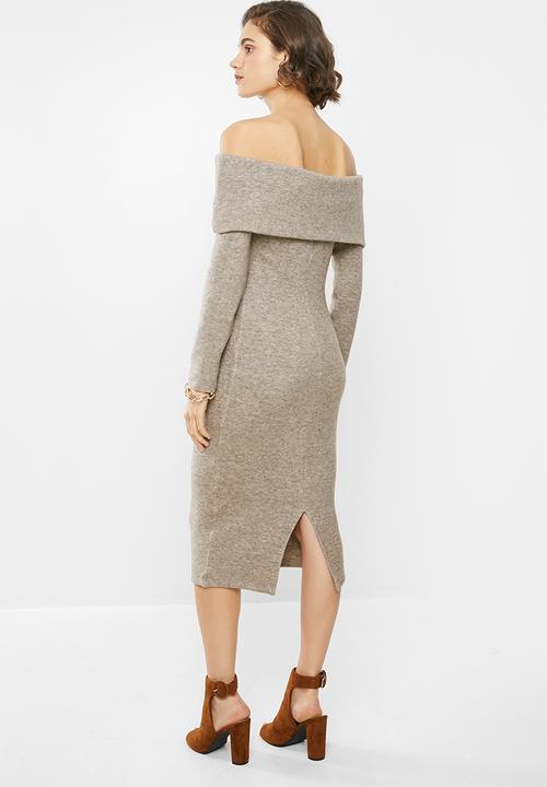 VELVET - Bardot knit dress - oat melange