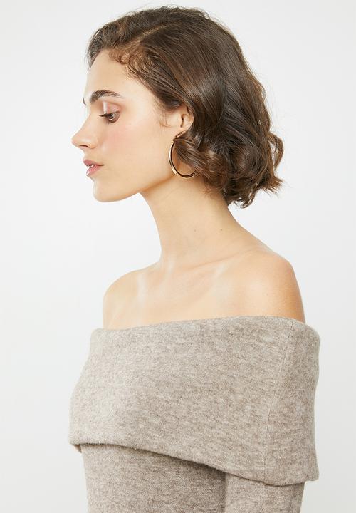 VELVET - Bardot knit dress - oat melange