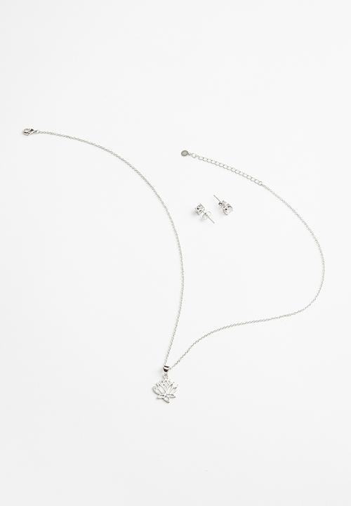 Keren Bella - Lotus flower necklace and stud set - silver