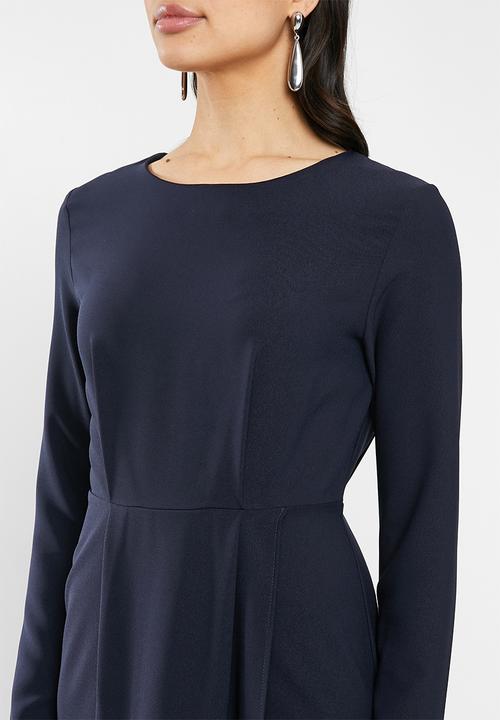 edit - Long sleeve crepe pleat front suit dress - navy