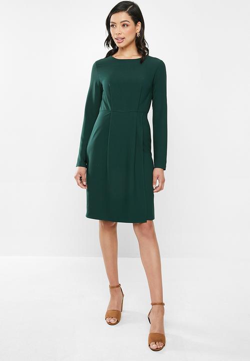 edit - Long sleeve crepe pleat front suit dress - dark green