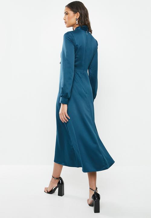 VELVET - Satin kittybow fit and flare dress-ash blue