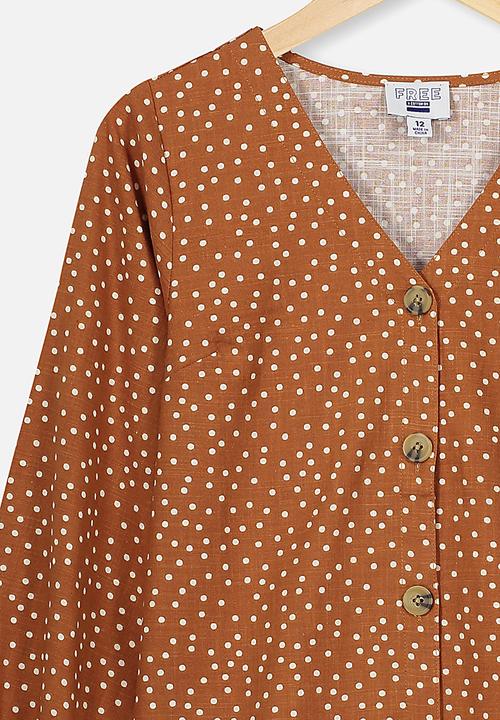 Free by Cotton On - Leila long sleeve dress - brown & white 