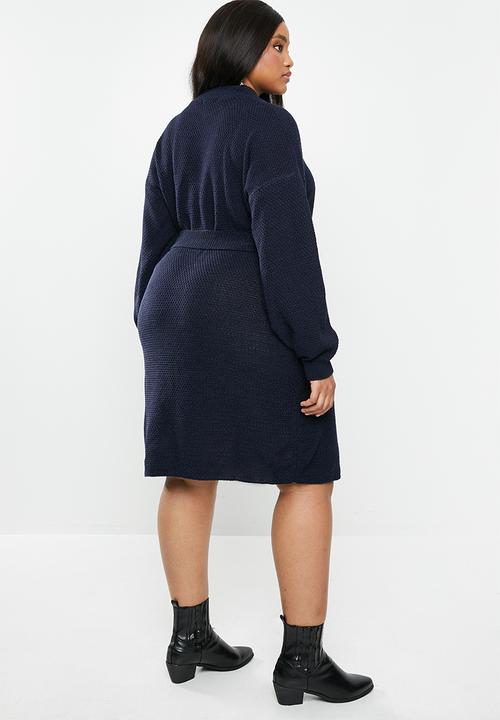 Glamorous - Plus knitted tie waist dress - navy