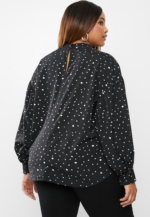 edit Plus - Highneck spot blouse(plus) - black & white 