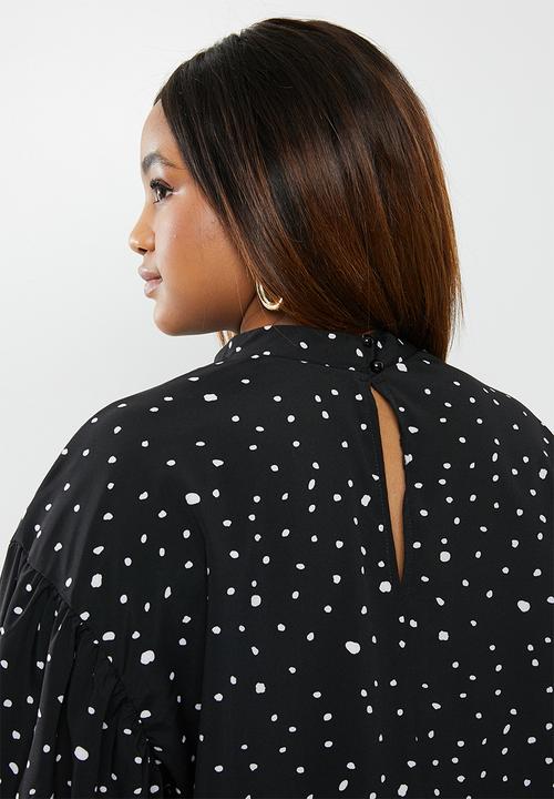 edit Plus - Highneck spot blouse(plus) - black & white 