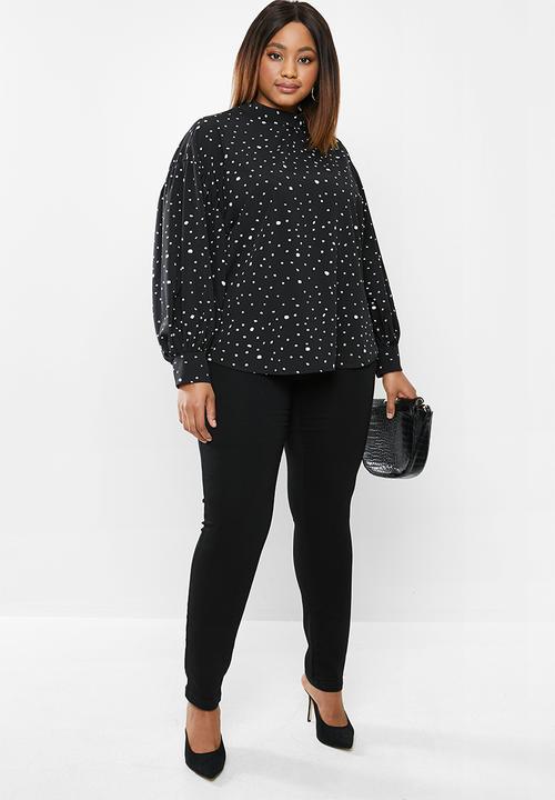 edit Plus - Highneck spot blouse(plus) - black & white 