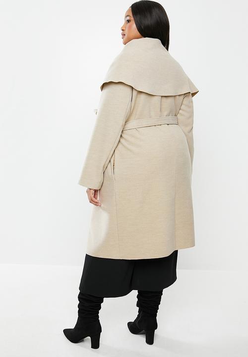 MILLA - Oversized shawl collar melton coat with rolled belt - oatmeal melange
