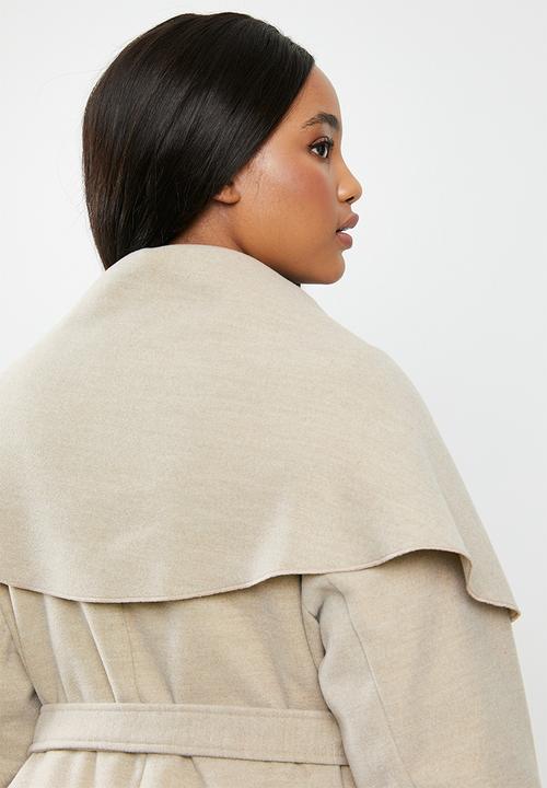 MILLA - Oversized shawl collar melton coat with rolled belt - oatmeal melange