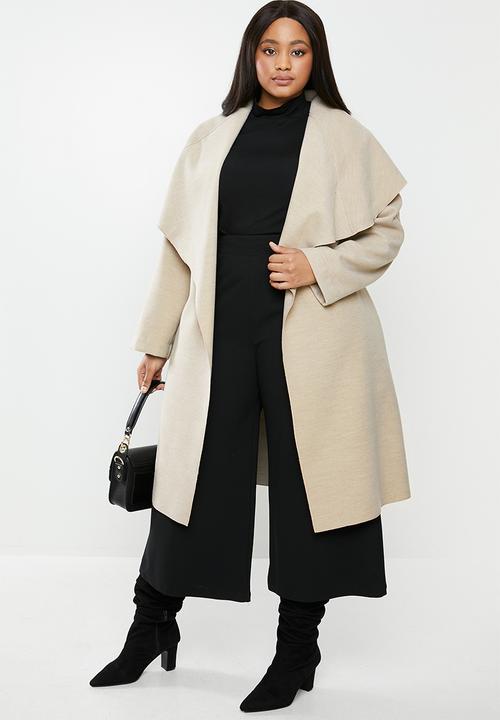 MILLA - Oversized shawl collar melton coat with rolled belt - oatmeal melange
