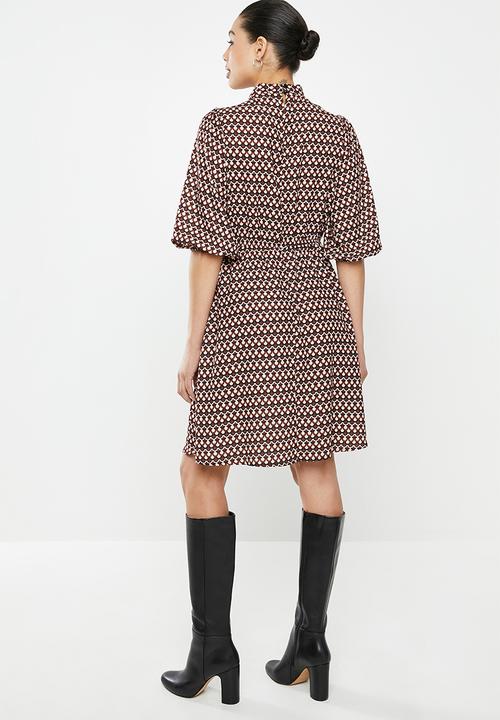 edit - Kitty bow fit & flare dress - brown & black 