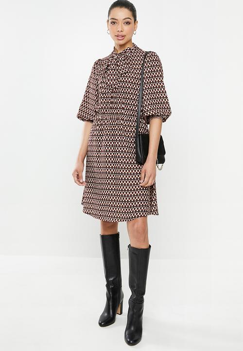 edit - Kitty bow fit & flare dress - brown & black 