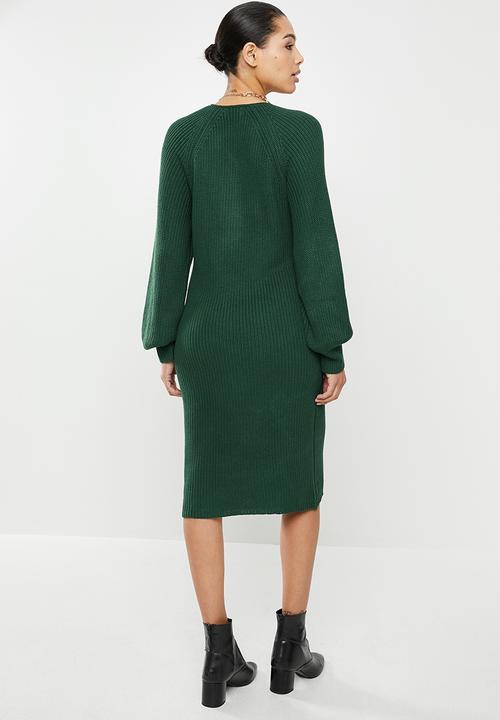 edit - Knitwear ribbed balloon sleeve shift dress - green