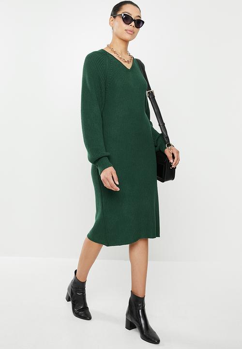 edit - Knitwear ribbed balloon sleeve shift dress - green