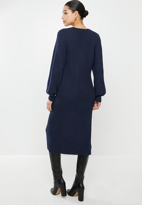 edit - Ribbed balloon sleeve shift dress - navy