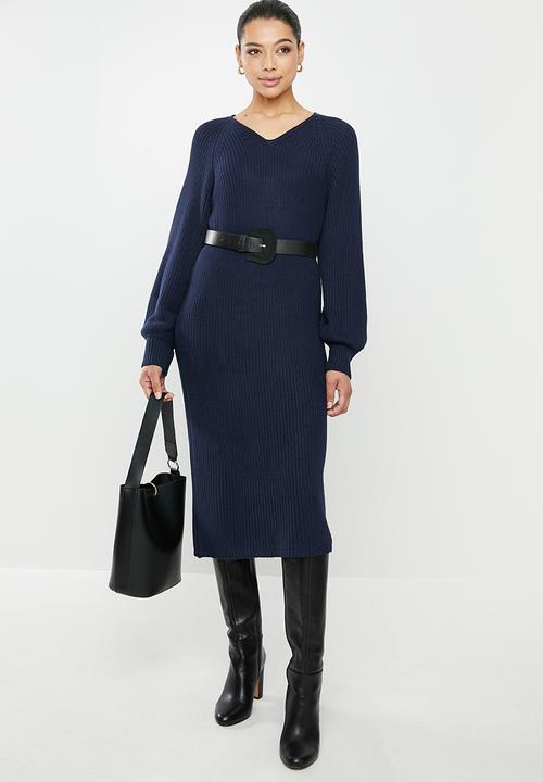 edit - Ribbed balloon sleeve shift dress - navy