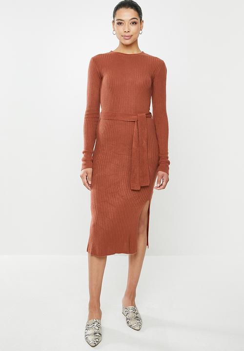 edit - Warm handle knitted slit midi dress - rust