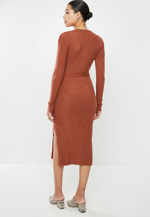 edit - Warm handle knitted slit midi dress - rust