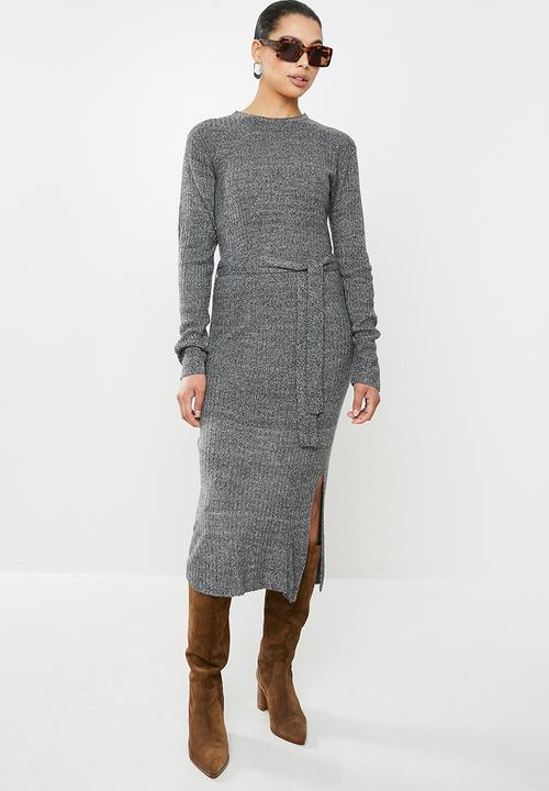 edit - Warm handle knitted slit midi dress - grey
