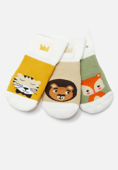 Pop Candy - 3 Pack multi animal print socks - yellow & green 