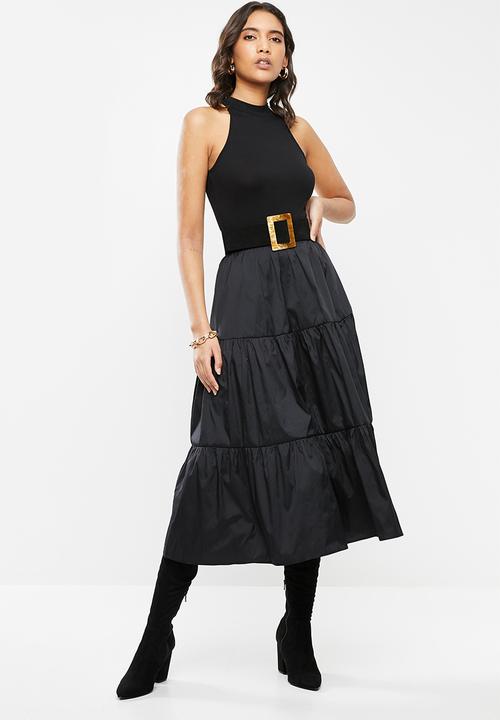 VELVET - Tiered midi skirt - black